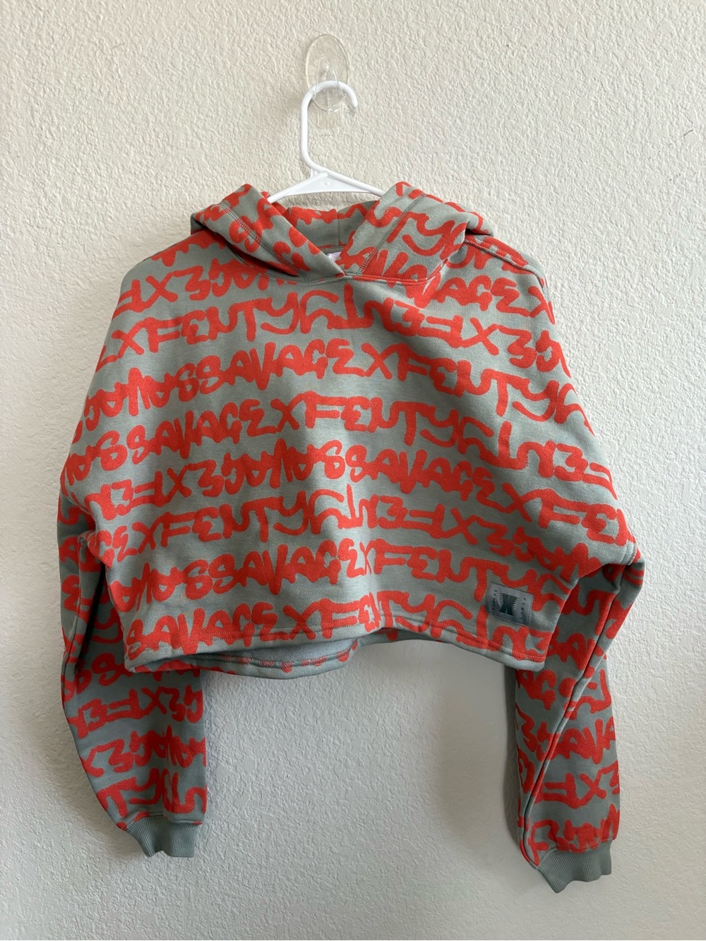 Savage X Fenty Gray Cropped Hoodie with Red Graffiti Print